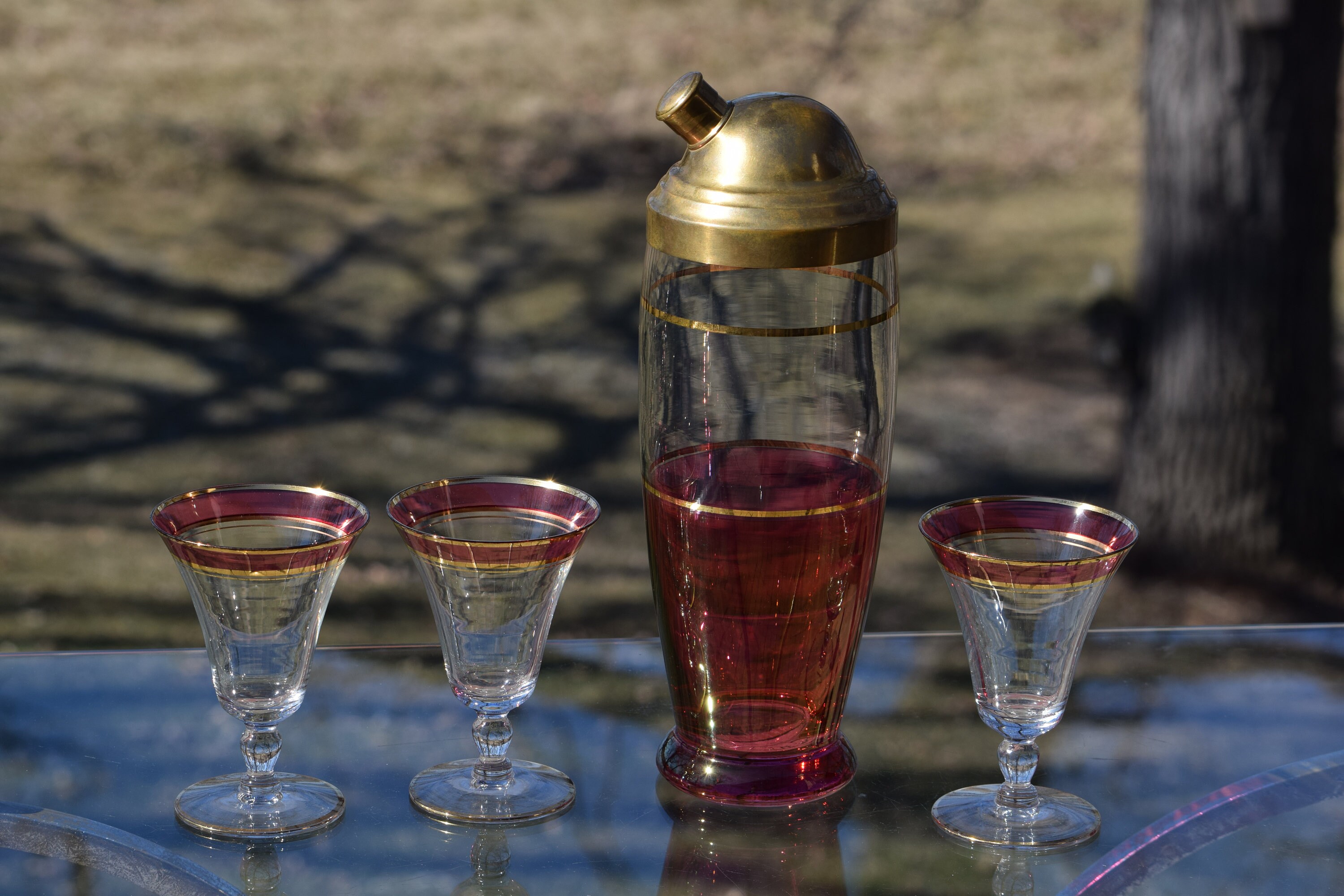 Vintage Mid Century Pink & Gold Martini Cocktail Shaker with Matching