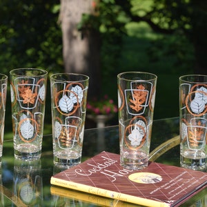 Mid Century Gold Leaf Highball Glasses - Vintage Collins Cocktail Set