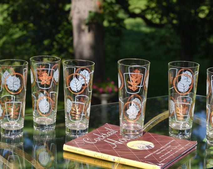 MID CENTURY JEWEL! 6 Vintage Gold & White Collins Highball Glasses, Vintage Tall Cocktail Glasses, Gold and White Leaf Collins Glasses
