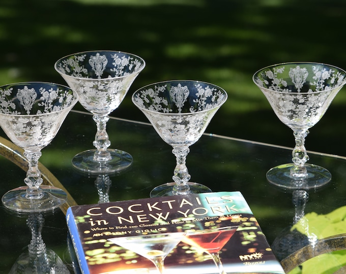 CLASSY COCKTAILS! 2 Vintage Etched Cocktail Martini Glasses, Cambridge, Rose Point, circa 1934, Wedding Champagne Toasting, Bartender gifts