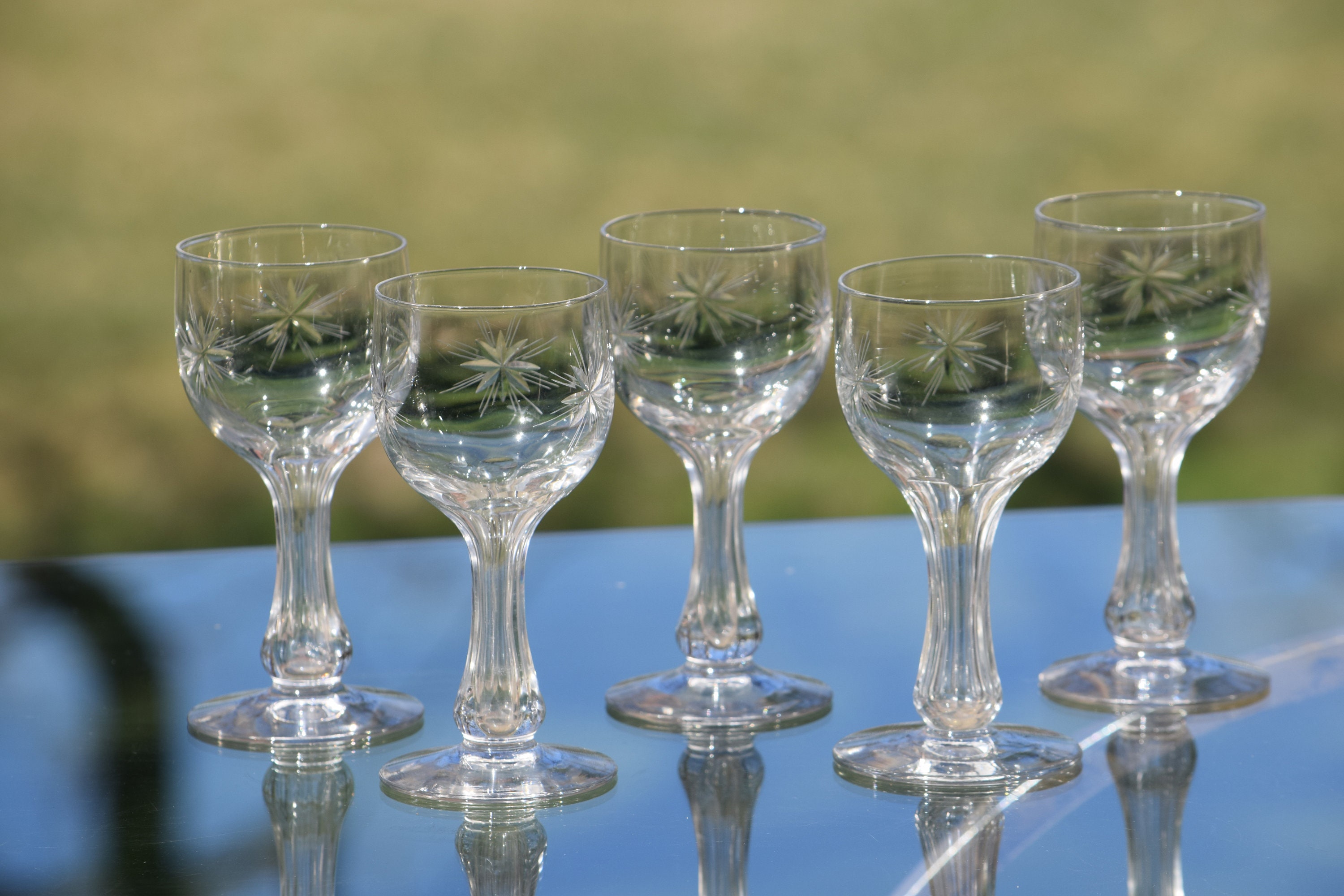 Vintage Etched Hollow Stem Wine Glasses, Set of 5, Antique Wine Glasses