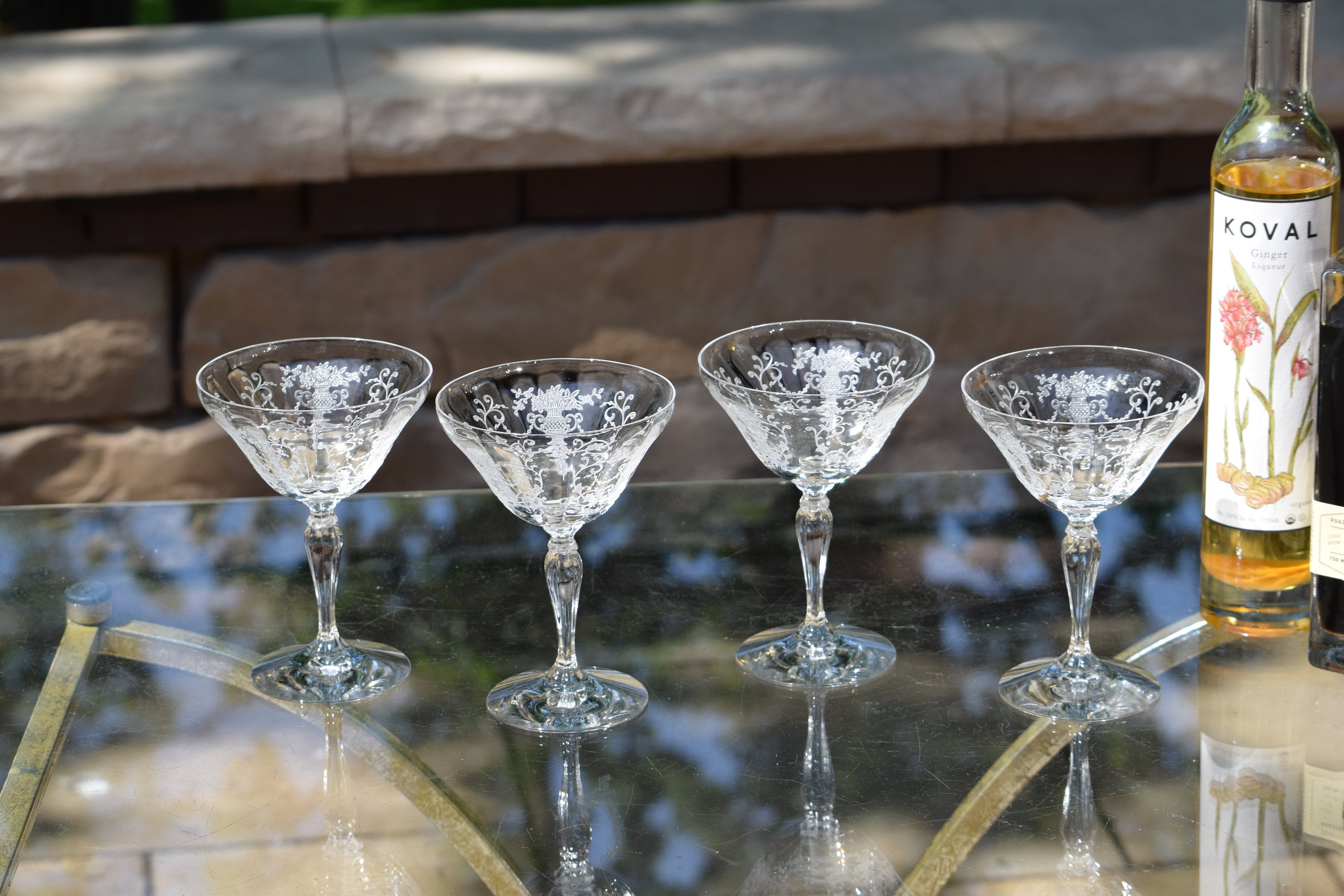 4 Vintage Etched CRYSTAL Cocktail Martini glasses, Fostoria