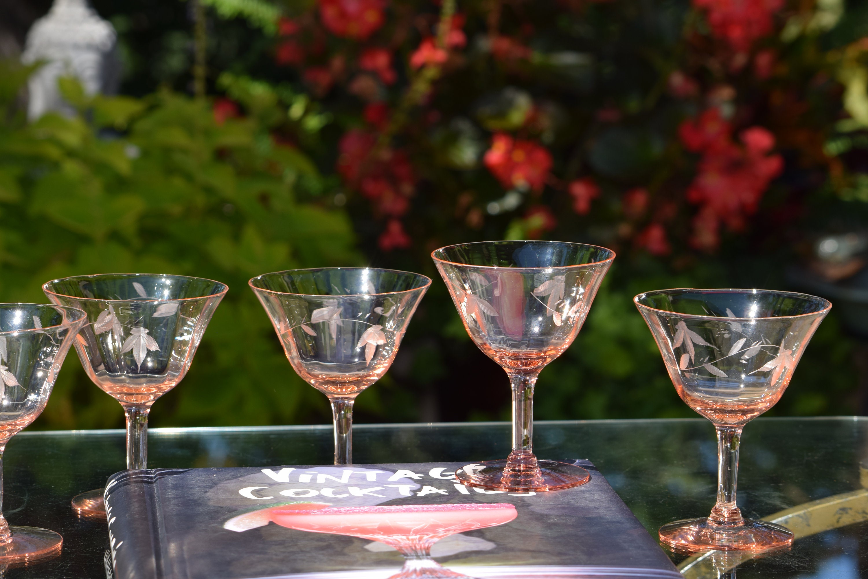 6 Vintage Pink Etched Cocktail Martini Glasses, Mixologist Cocktail