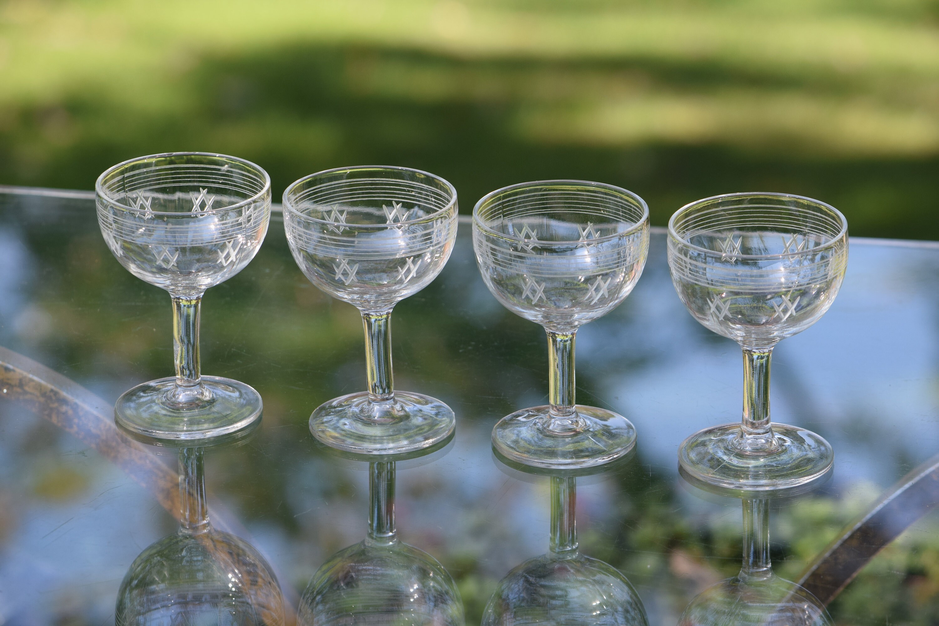 Vintage Pressed Glass and Etched Wine Liquor CORDIAL Glasses, Set of 4