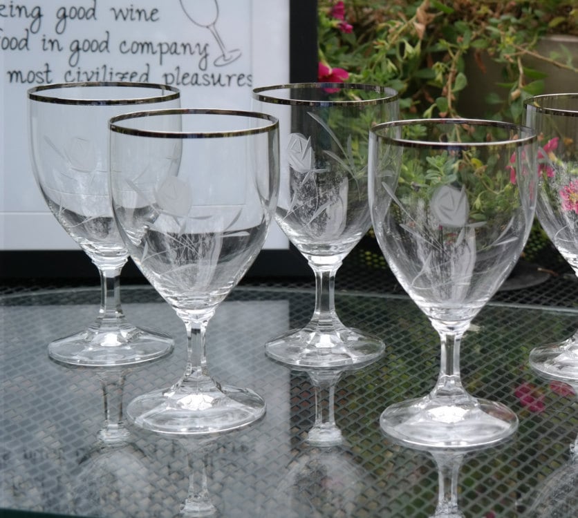 Vintage Platinum Rim Crystal Etched Wine Glasses Set Of 7 Vintage Platinum Rim Crystal Etched Wine Glasses Set Of 7 Water Goblets Elegant
