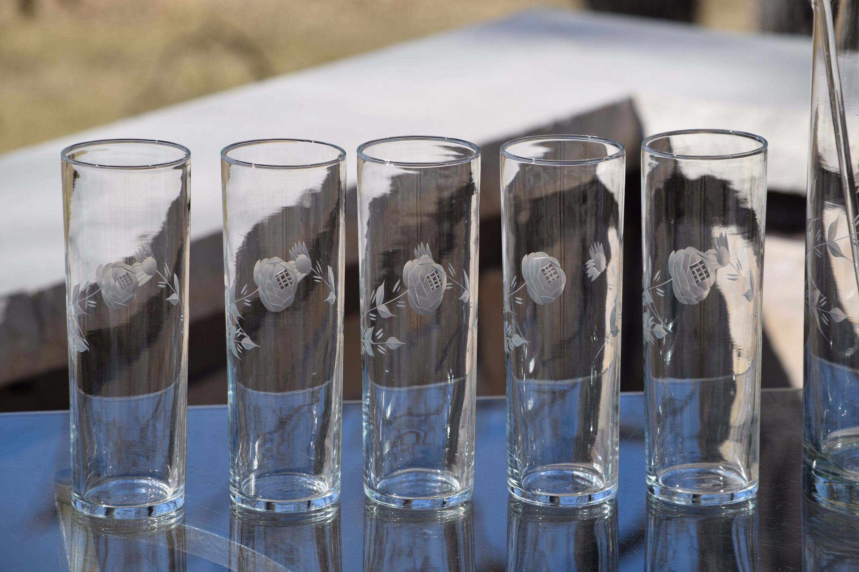 6 Vintage LIBBEY Etched Collins Glasses with Matching Cocktail Pitcher
