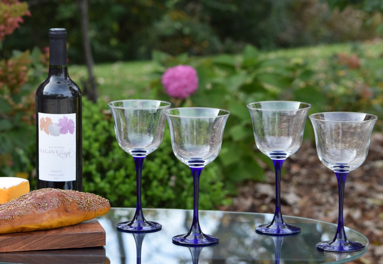 Vintage Blue Stemmed Wine Glasses, Set of 4, Vintage Cobalt Blue Wine