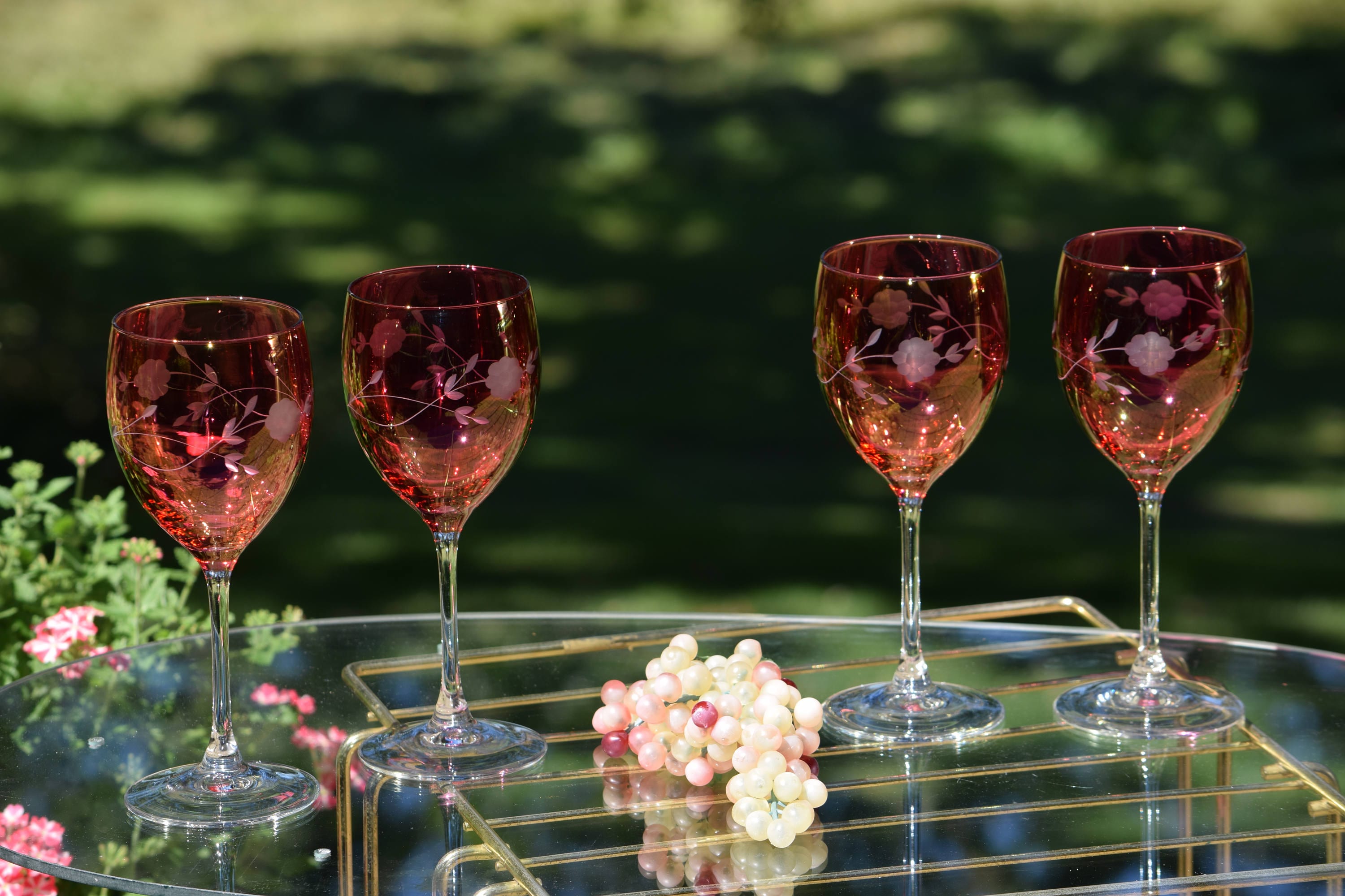 Vintage Red Wine Glasses, Set of 4, Vintage Red Etched Wine