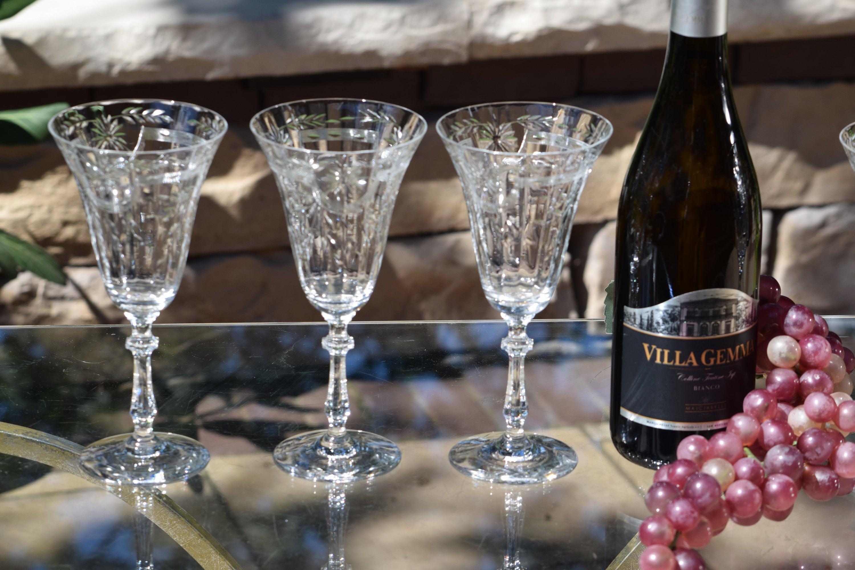 4 Vintage Etched Crystal Wine Glasses, Glastonbury Lotus, Hostess