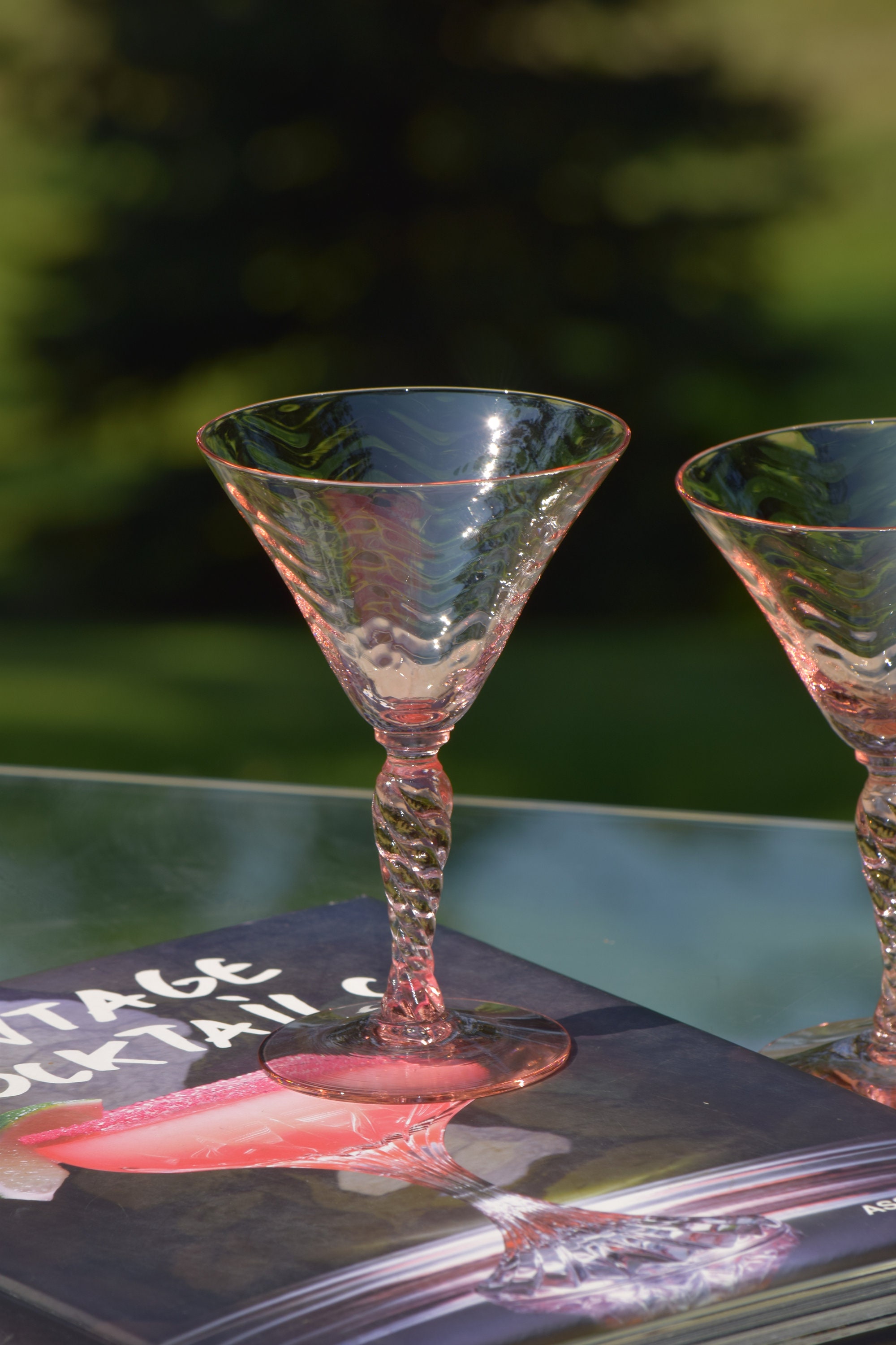 4 Vintage Pink Festoon Optic Cocktail Martini Glasses, Circa 1930's
