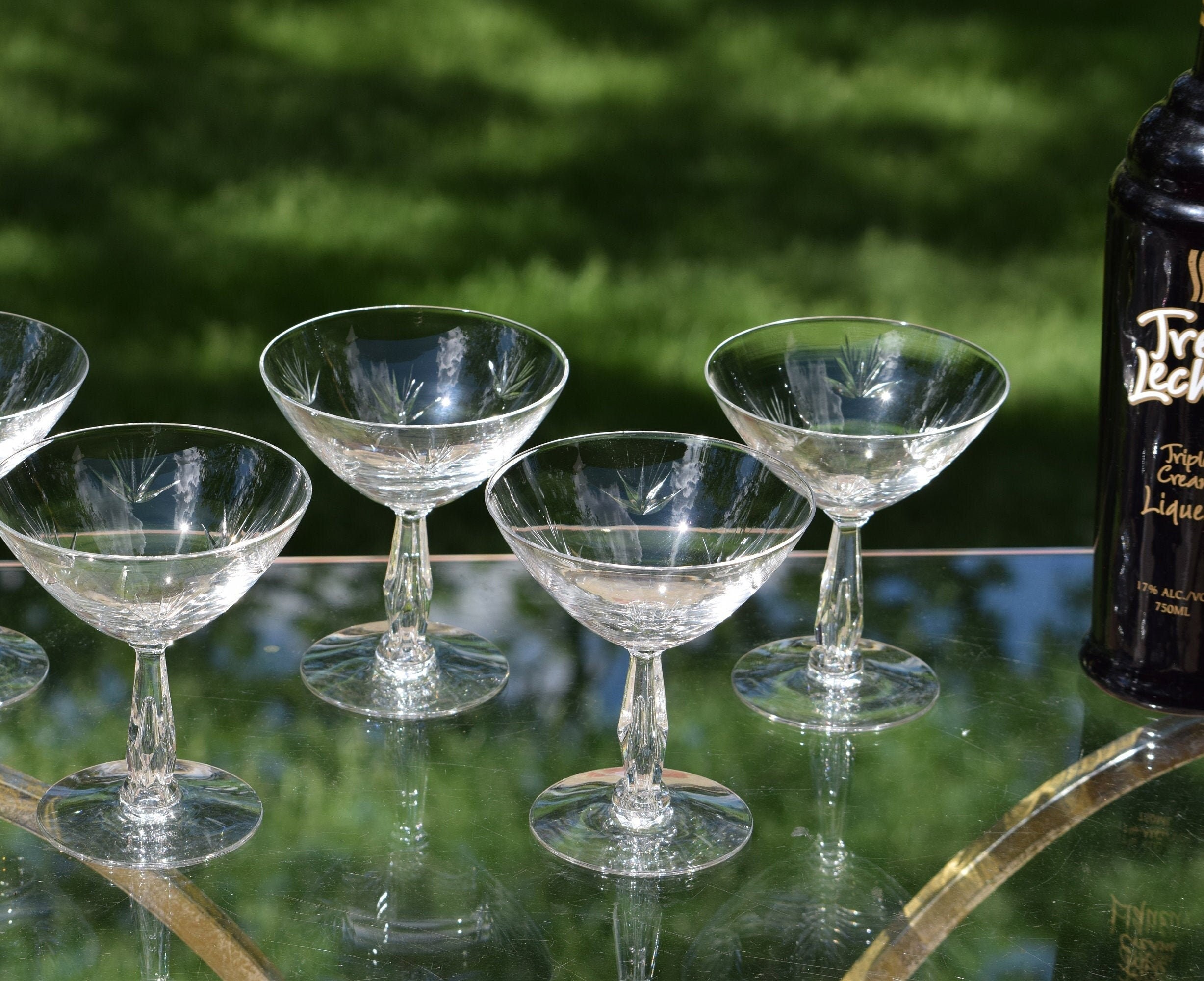 4 Vintage CRYSTAL Bubble Stem Etched Cocktail Glasses, Tiffin