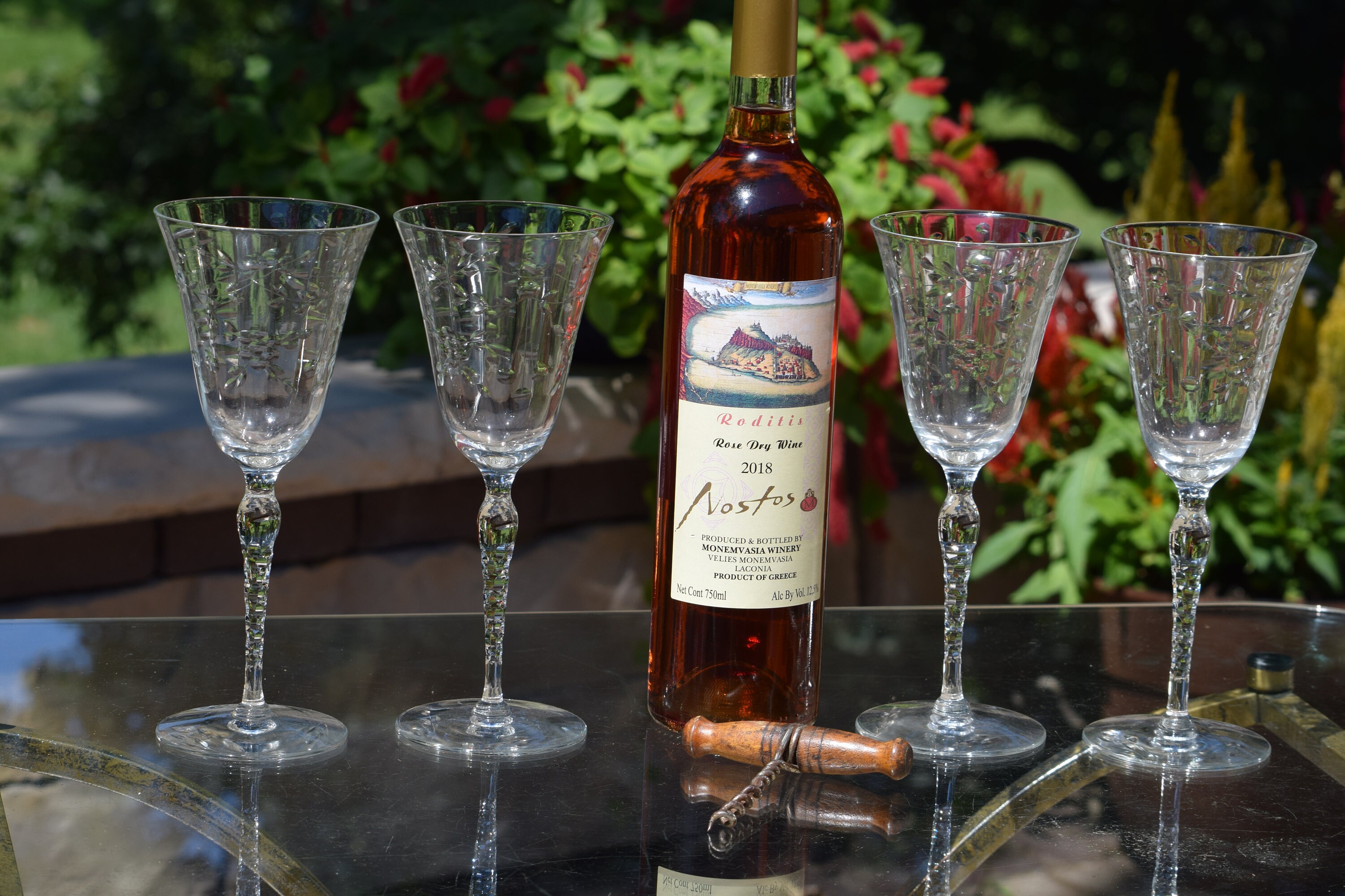 5 Vintage Etched Tall Wine Glasses ~ Water Goblets, Faceted Stem