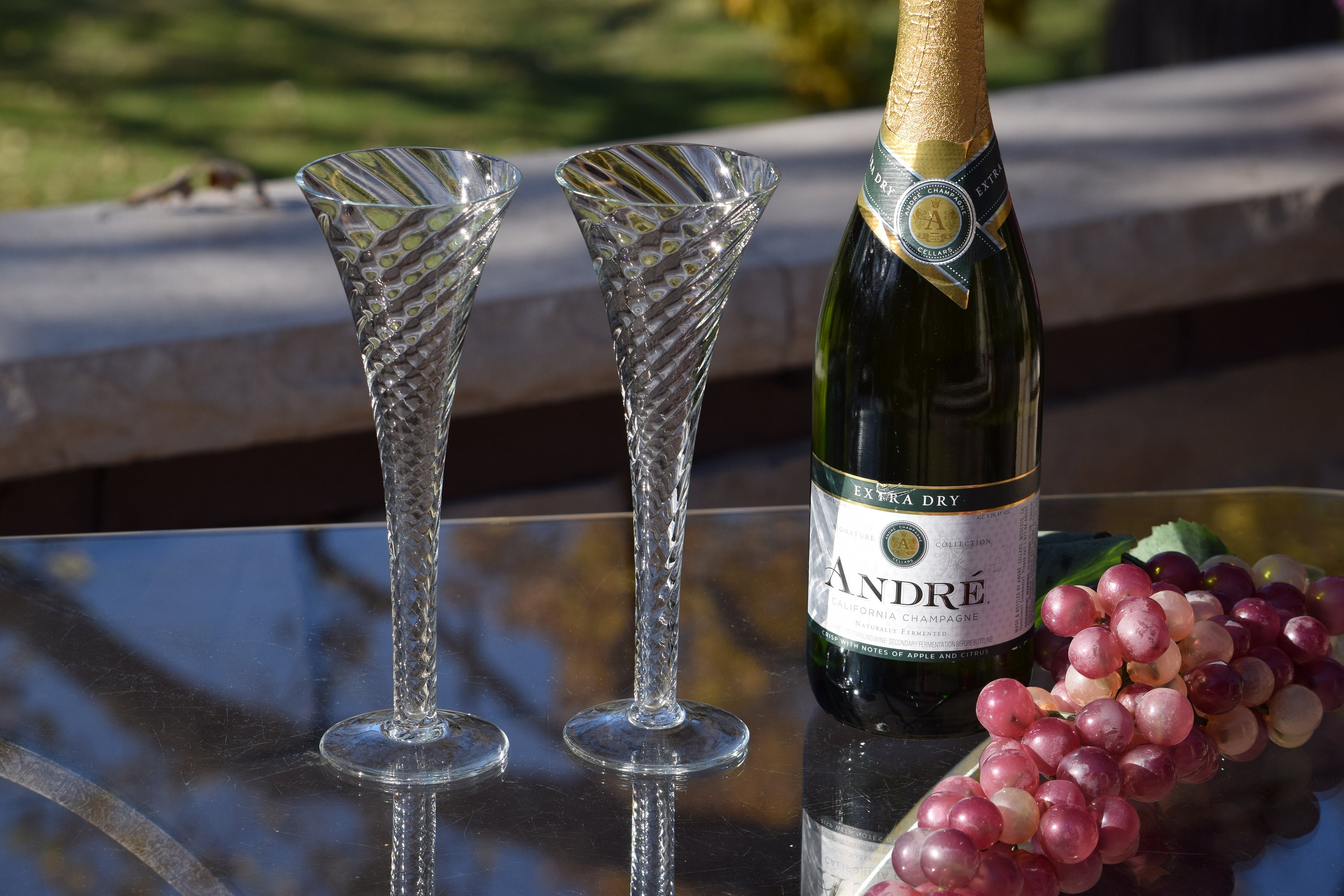 4 Vintage Tall Trumpet Fluted Champagne Glasses, Wedding Toasting