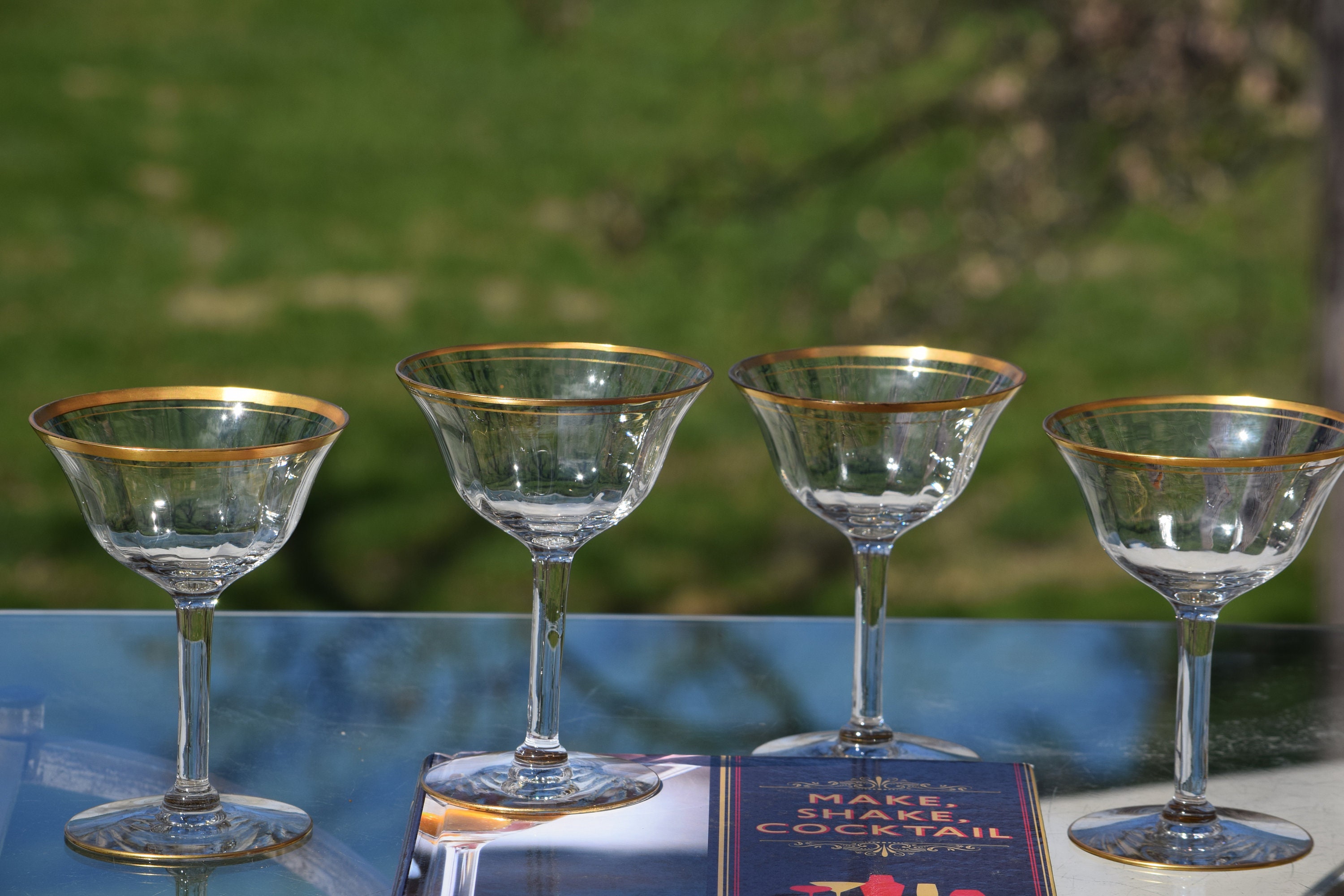 1950’s Barware Short Red Martini Glasses With Gold Leaf Accent Set Of 4