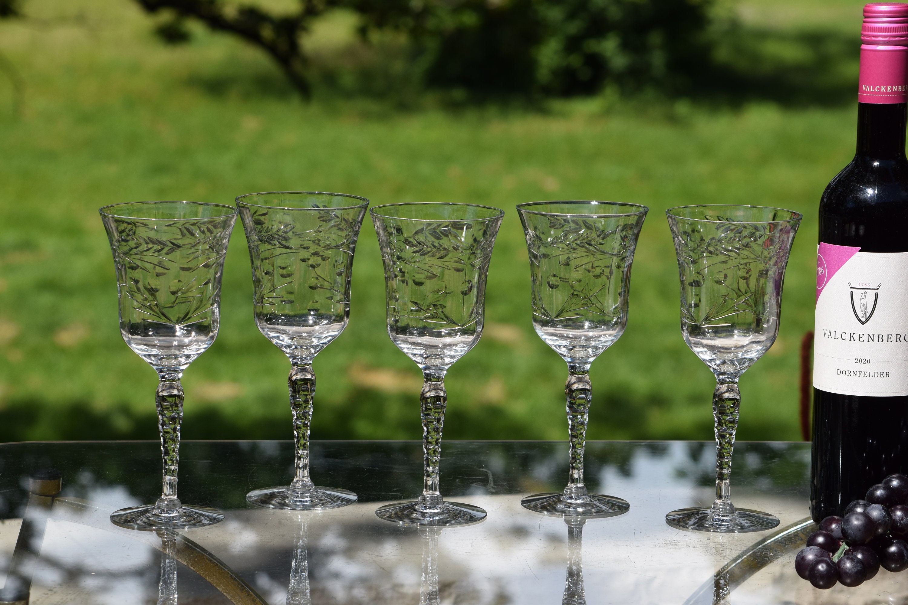 5 Vintage Etched Tall Wine Glasses ~ Water Goblets, Faceted Stem