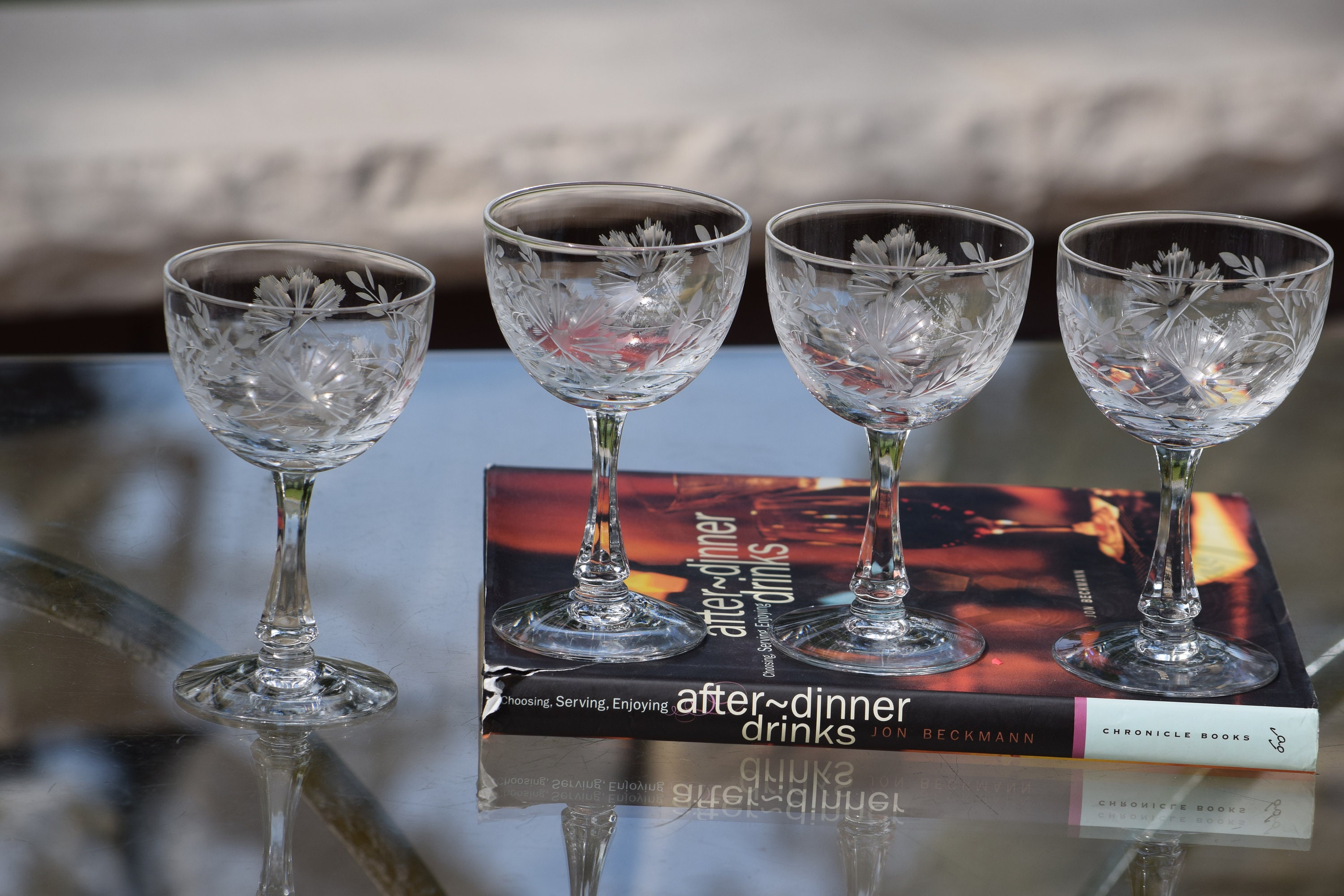 4 Vintage Etched CRYSTAL Liqueur Cocktail Glasses, Fostoria, Circa