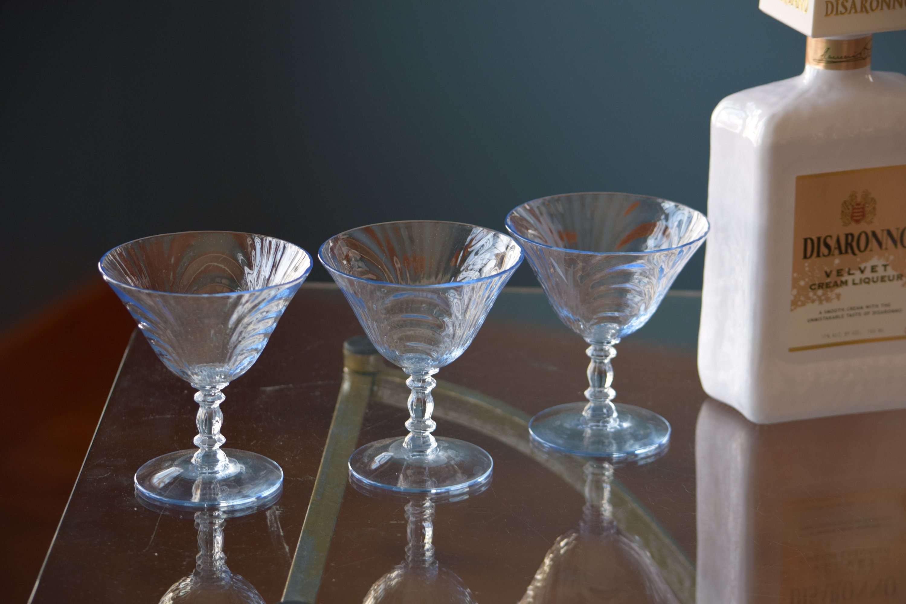 4 Vintage Cocktail Martini Glasses, Cambridge, Moonlight Blue, 1940's, Vintage Blue Champagne