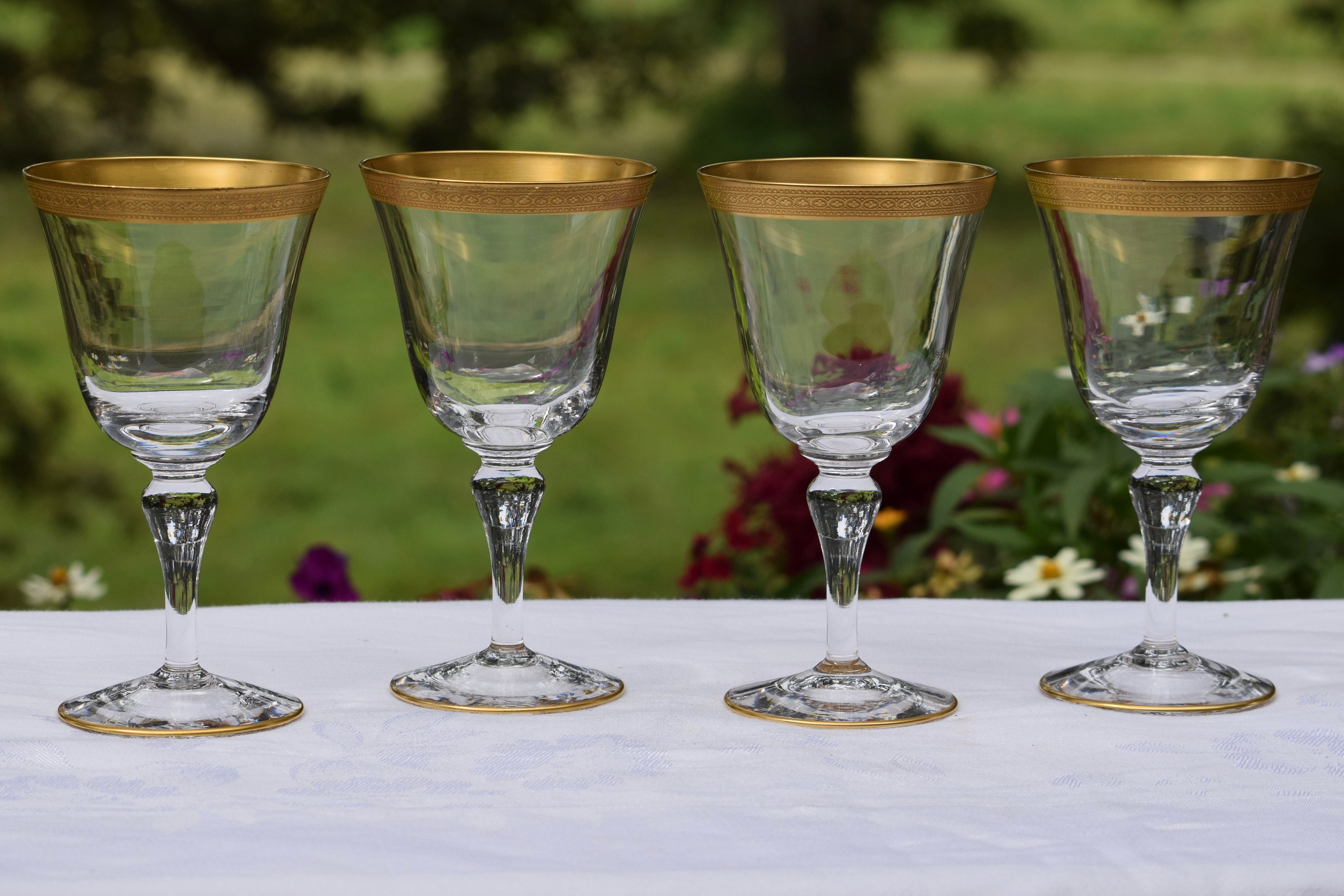 Vintage Gold Encrusted Wine Glasses, Set of 4, Glastonbury Lotus
