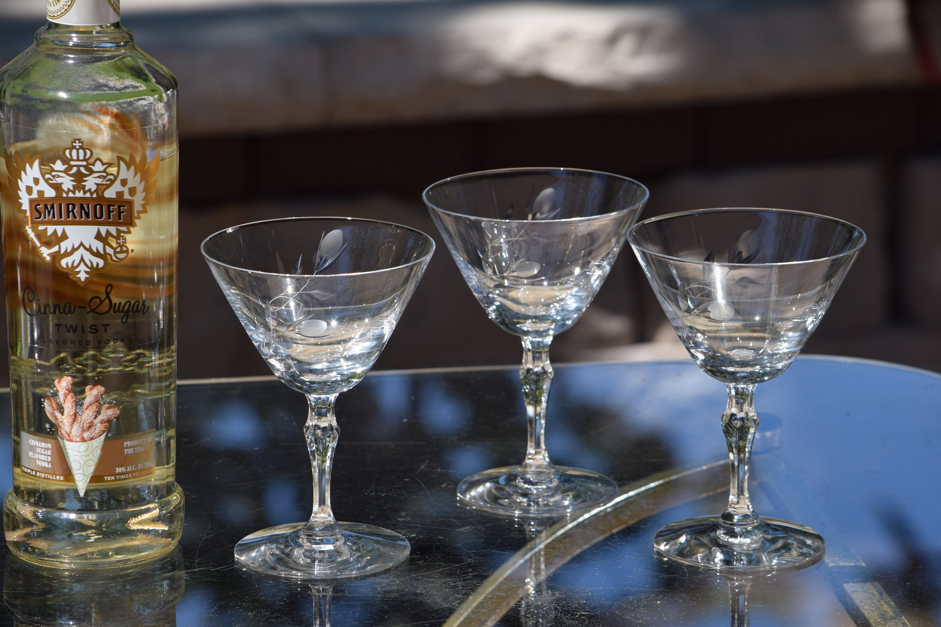 6 Vintage Etched Crystal Cocktail Glasses, Fostoria, 1960's, Nick