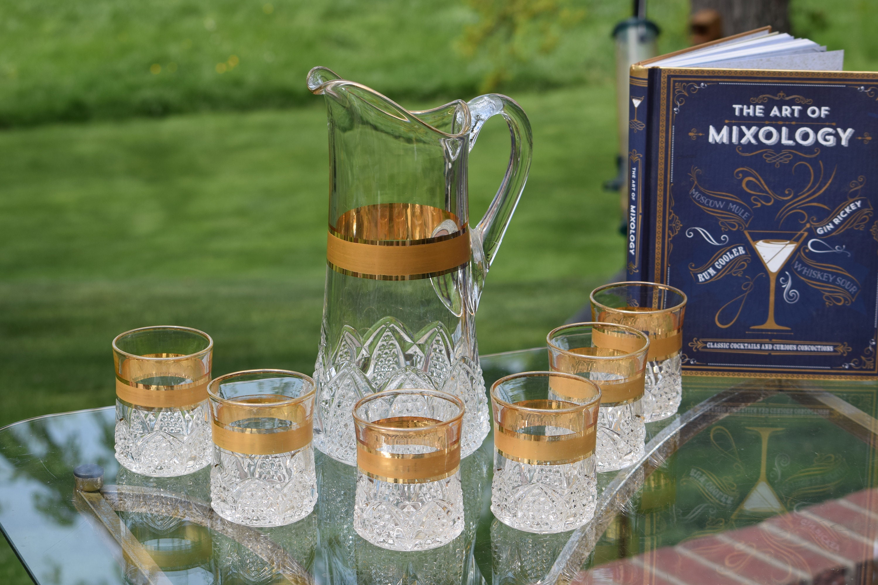 Antique Gold Pressed Glass Water ~ Cocktail Pitcher with Lowball