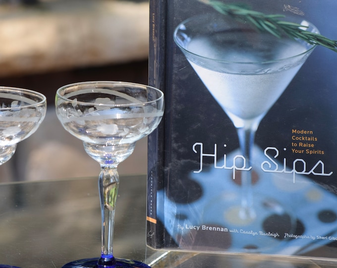 Vintage Etched Cocktail Glasses: Cobalt Blue Foot, 1950s, Set of 4