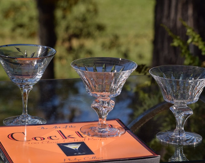 4 Vintage Etched Cocktail Martini Glasses, Set of 4 Mis-matched Martini glasses, Mixologist Craft Cocktail Glasses, Manhattan Glasses