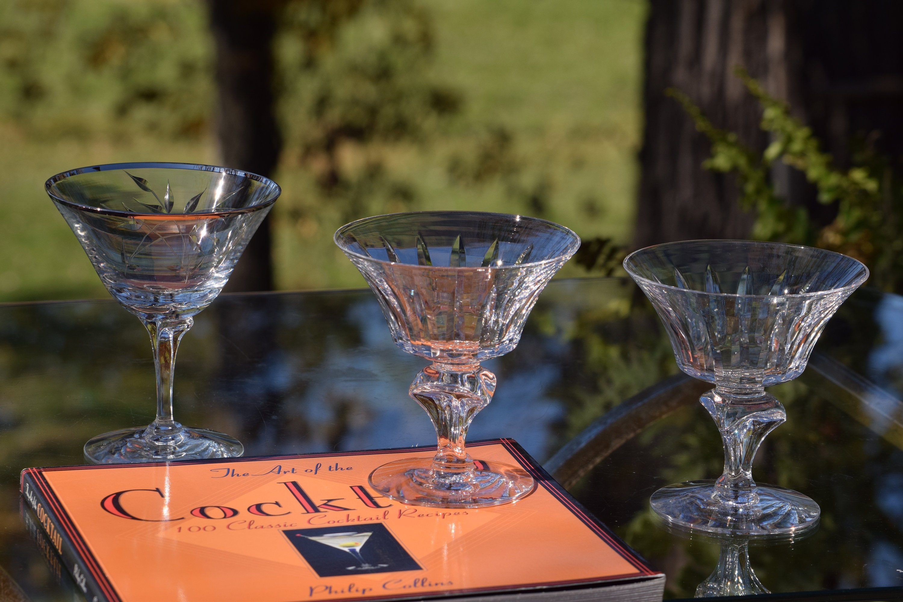 4 Vintage Etched CRYSTAL Cocktail Martini Glasses, Set of 4 Mis