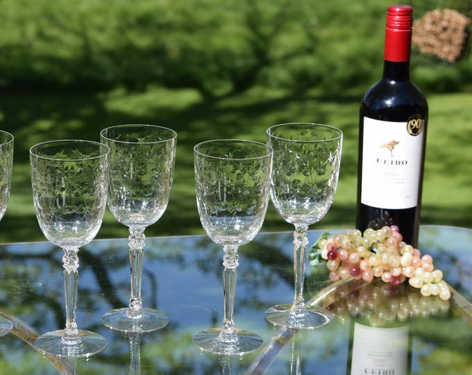 SIP IN STYLE!   4 Vintage Crystal Etched Wine Glasses ~ Water Goblets, Fostoria, Christiana, circa 1940's, Vintage Glassware. Tall Wine