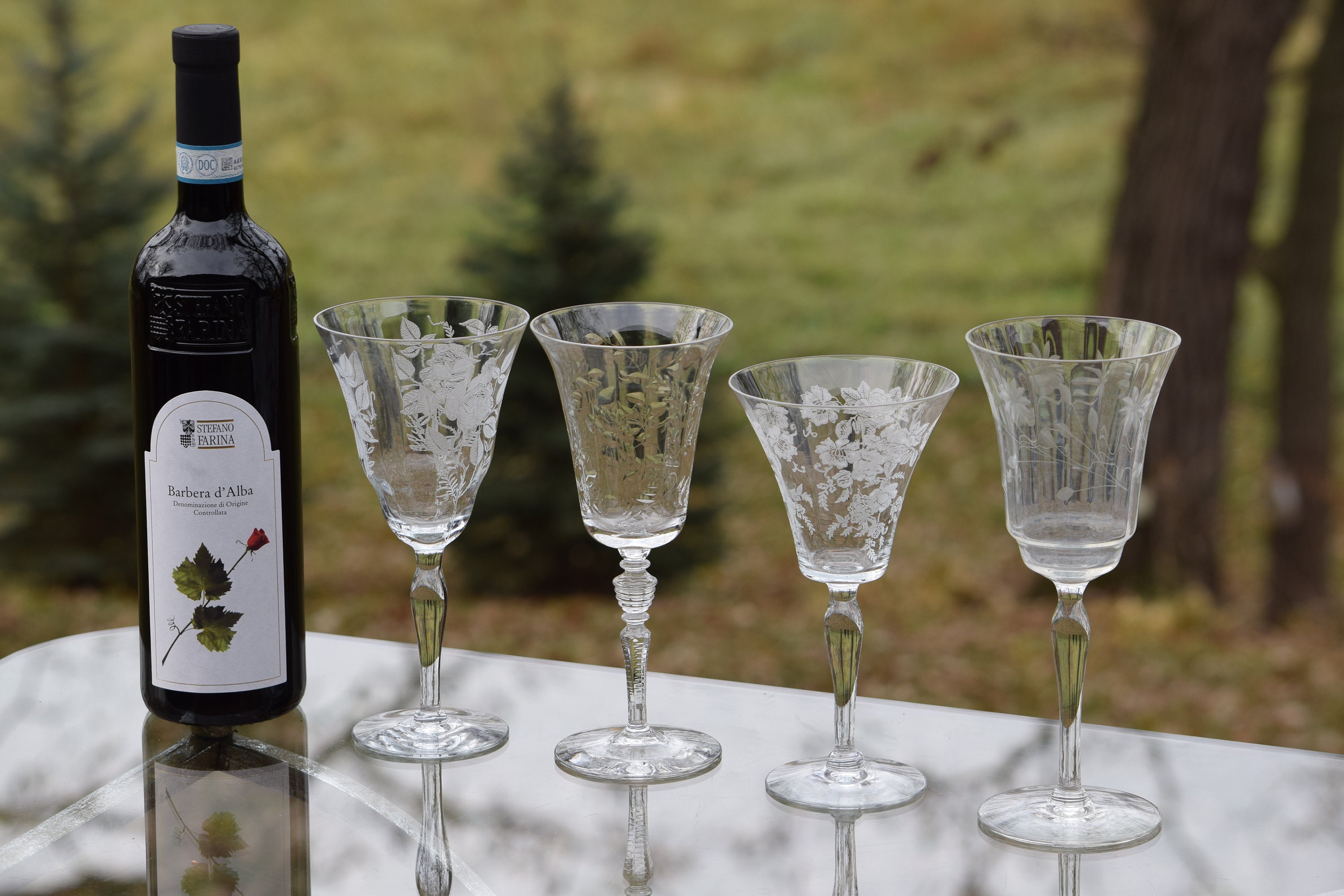 Vintage Etched Wine Glasses, Set of 4, Set of 4 Different Etched Wine