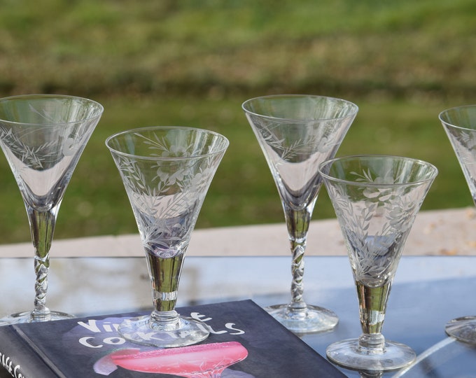6 Vintage Etched Wine Glasses, Set of 6 Mis-Matched Vintage Wine Glasses ~ Champagne Glasses,  Wedding Toasting Glasses
