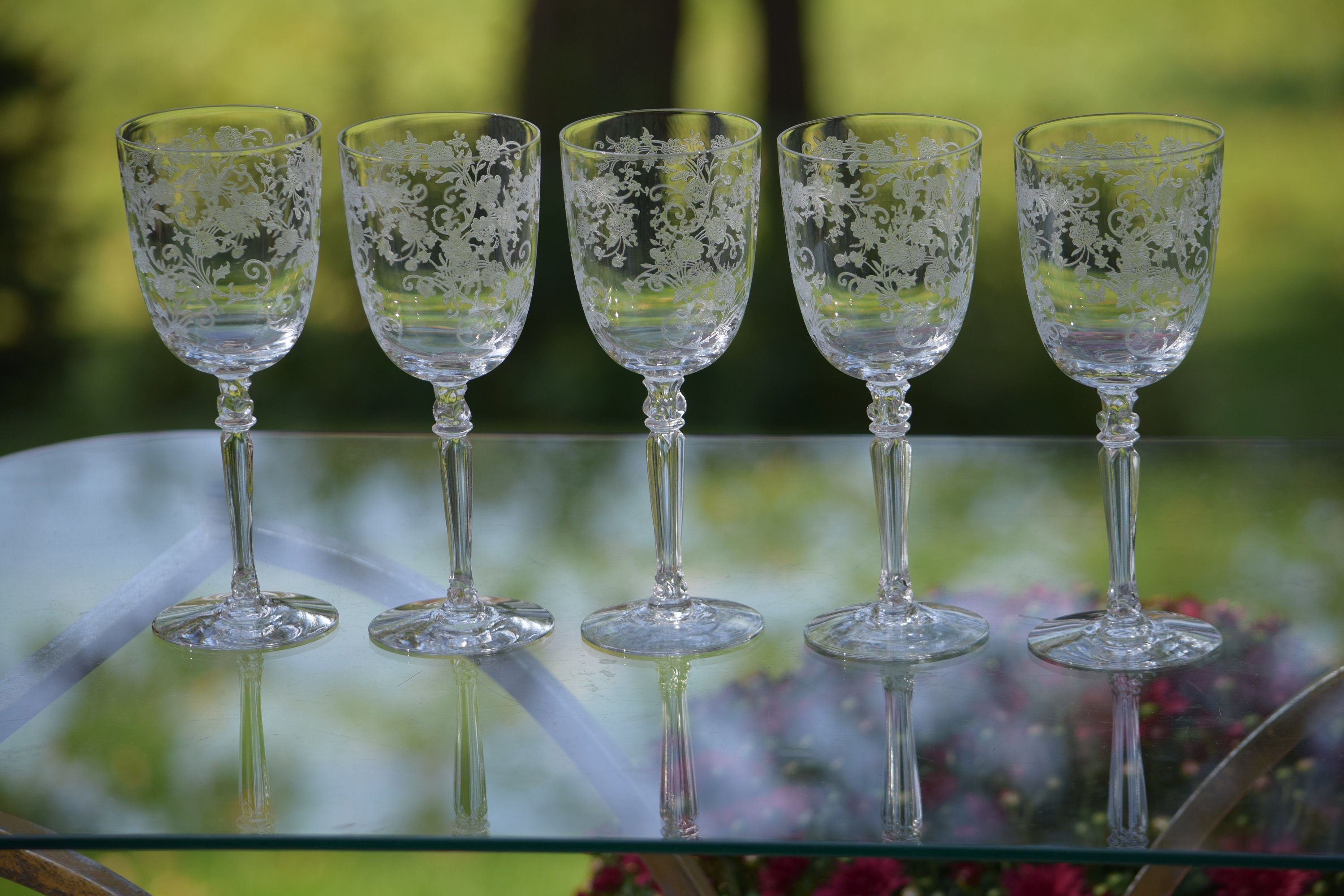 Vintage Etched CRYSTAL Wine Glasses, Set of 5, Fostoria, Buttercup