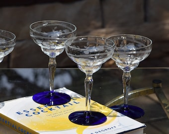 5 Vintage Etched Cobalt Blue Cocktail ~ Martini Glasses, 6 oz, Vintage Margarita Glasses ~ Summer Cocktail Glasses, Mixologist Cocktails