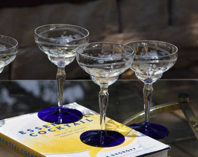 5 Vintage Etched Cobalt Blue Cocktail ~ Martini Glasses, 6 oz, Vintage Margarita Glasses ~ Summer Cocktail Glasses, Mixologist Cocktails