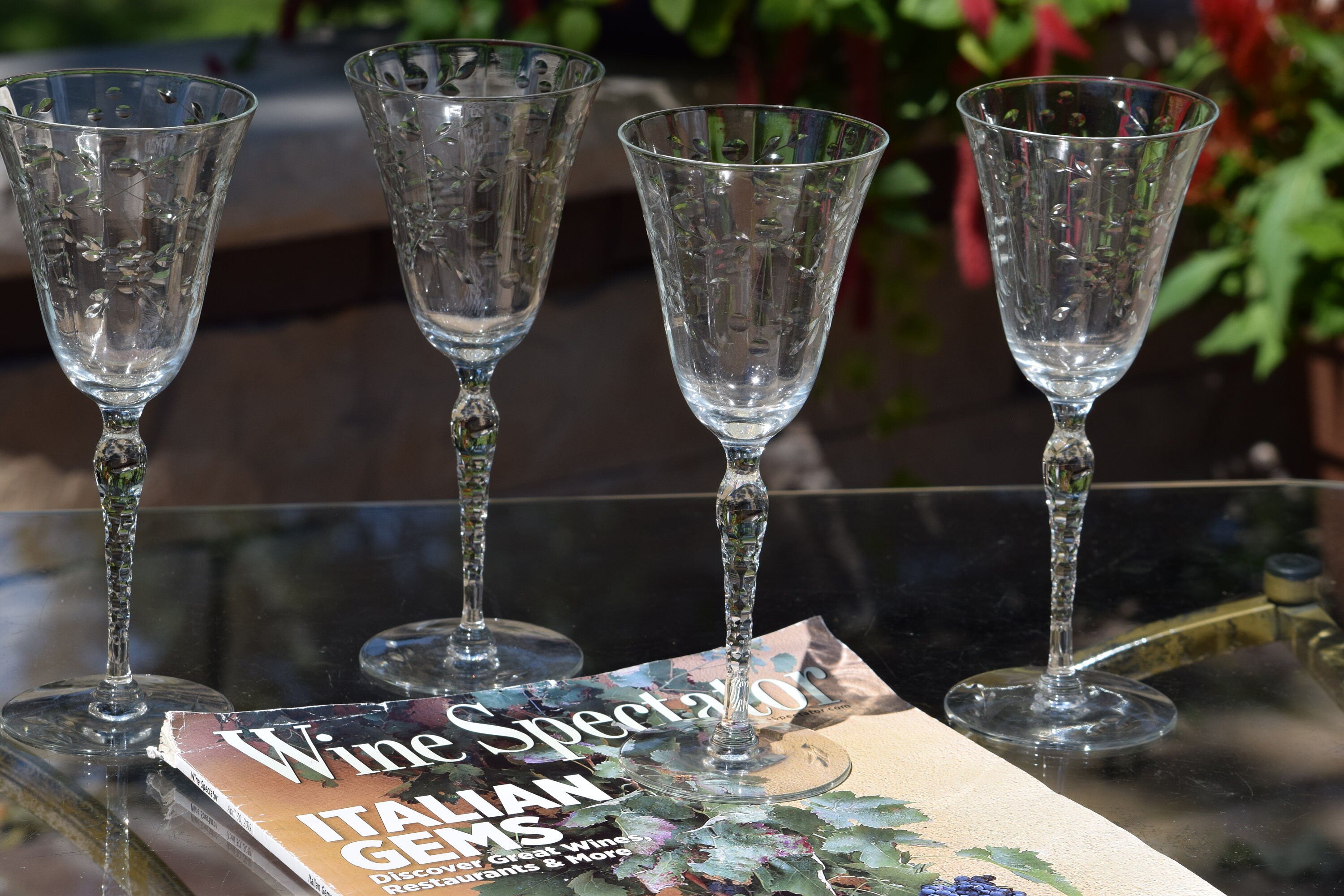 5 Vintage Etched Tall Wine Glasses ~ Water Goblets, Faceted Stem Etched Wine  Glasses, Unique Etched Stem Wine Glasses, Wedding Glasses