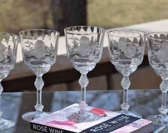 Set of 6 Fostoria Etched Crystal Wine Glasses, 1930s Floral Stemware