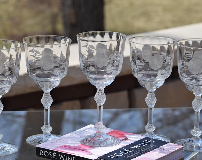 6 Vintage Fostoria Crystal Etched Wine Glasses, Fostoria, 1930's, Rare Wine Glasses
