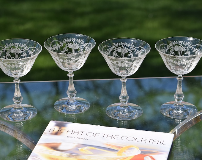 3 Vintage Crystal Etched Cocktail Glasses, Fostoria, 1940's, Vintage Champagne Glasses,  Craft Cocktails--Home Bartender Mixologist Glasses