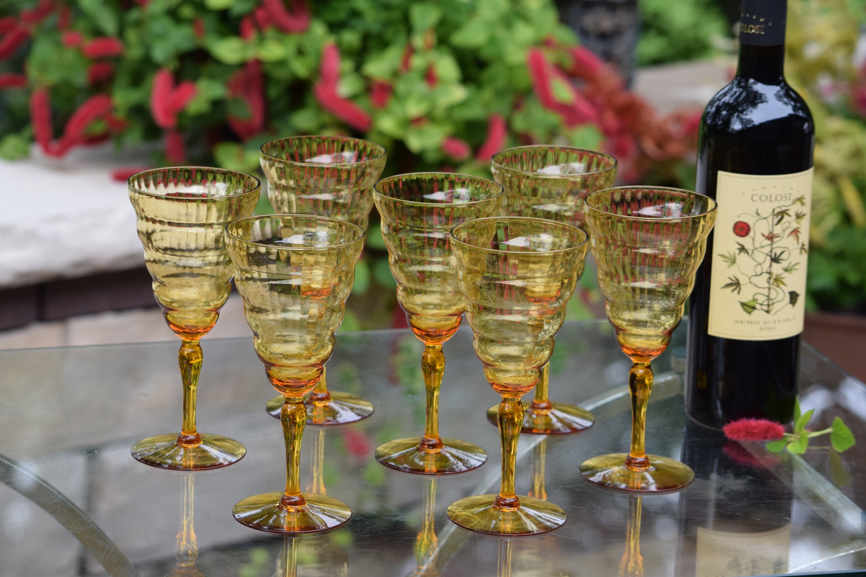 7 Vintage Amber Wine Glasses, Utility Glass ~ Cambridge Amber ~ c 1929,  Vintage Amber Optic Wine Glasses, Unique Amber Wine glasses