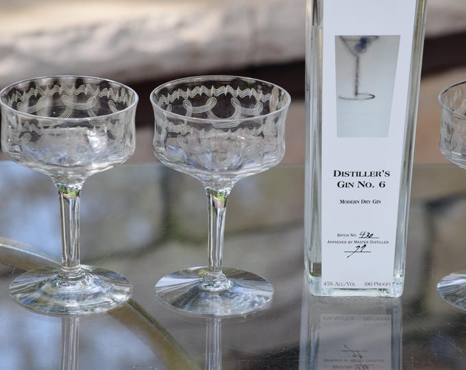 6 Vintage Needle Etched Cocktail Glasses,  1920's,  Antique Needle Etched Champagne Glasses - Martini Glasses