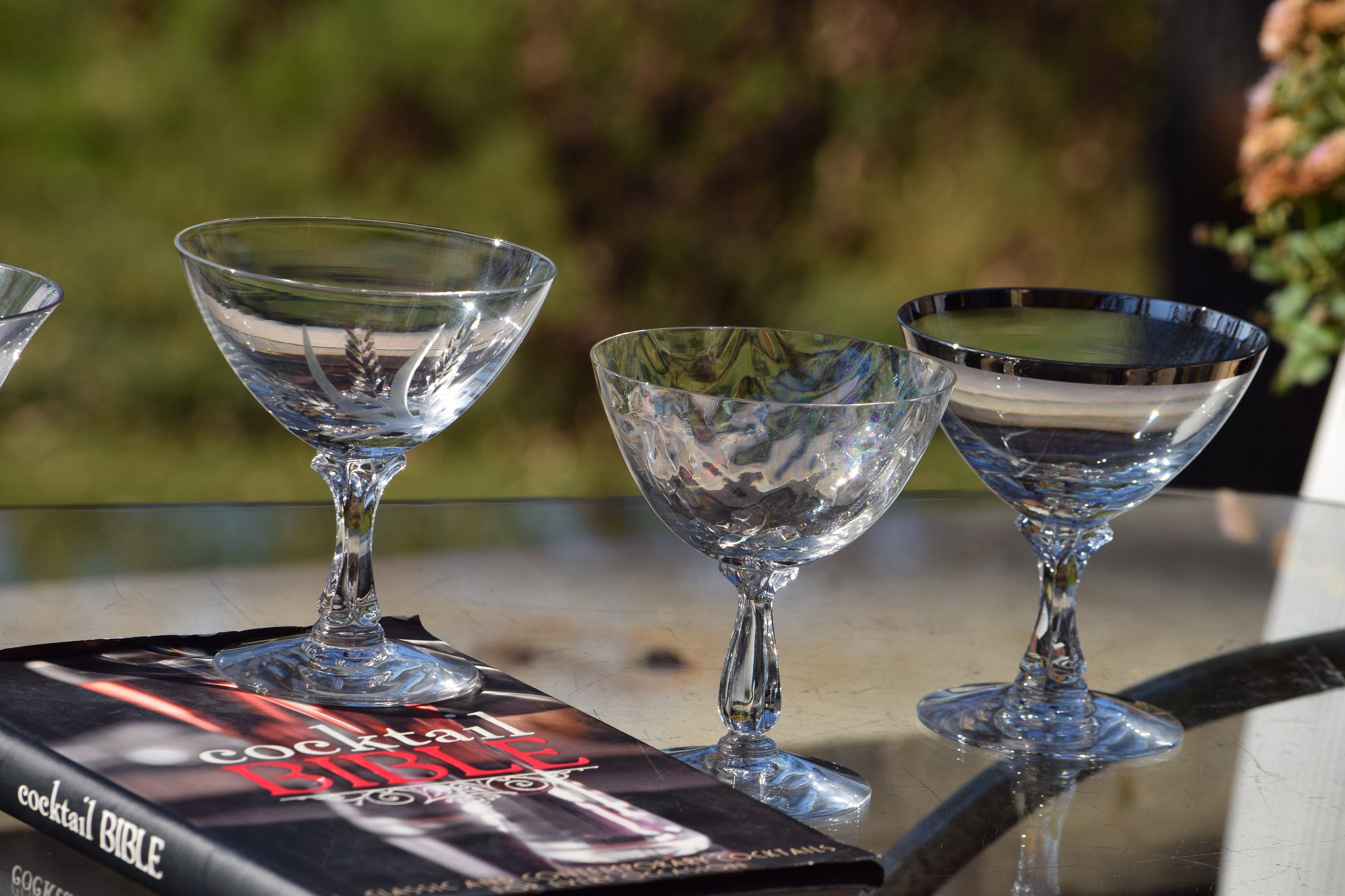 4 Vintage Etched Cocktail Martini Glasses, Set of 4 Mis-Matched