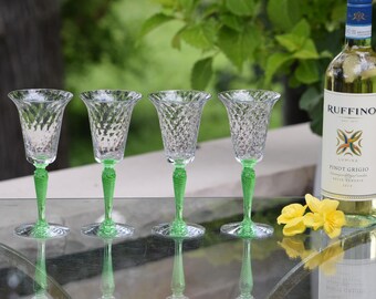Vintage Diamond Optic Uranium Wine Glasses, Set of 4, Fry Glass 1930s