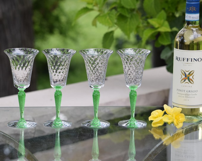 Vintage Diamond Optic Uranium Wine Glasses, Set of 4, Fry Glass 1930s