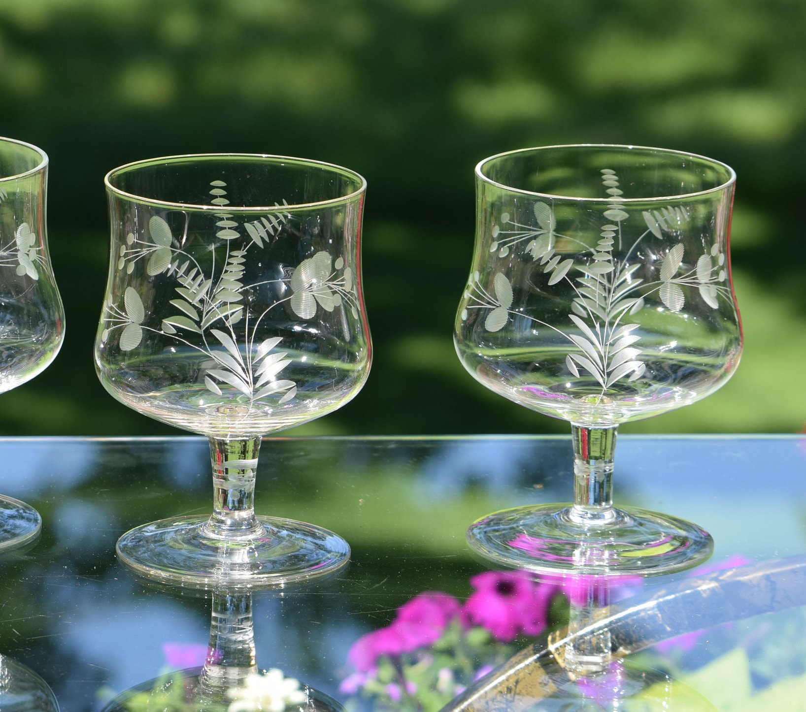 Vintage Etched Glass Brandy Snifter Glasses Cocktail Glasses, Set of 4, Vintage Etched
