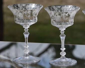 2 Vintage Etched Cocktail Martini glasses, Cambridge, Rose Point, circa 1935, Mixologist Craft Cocktail Glasses