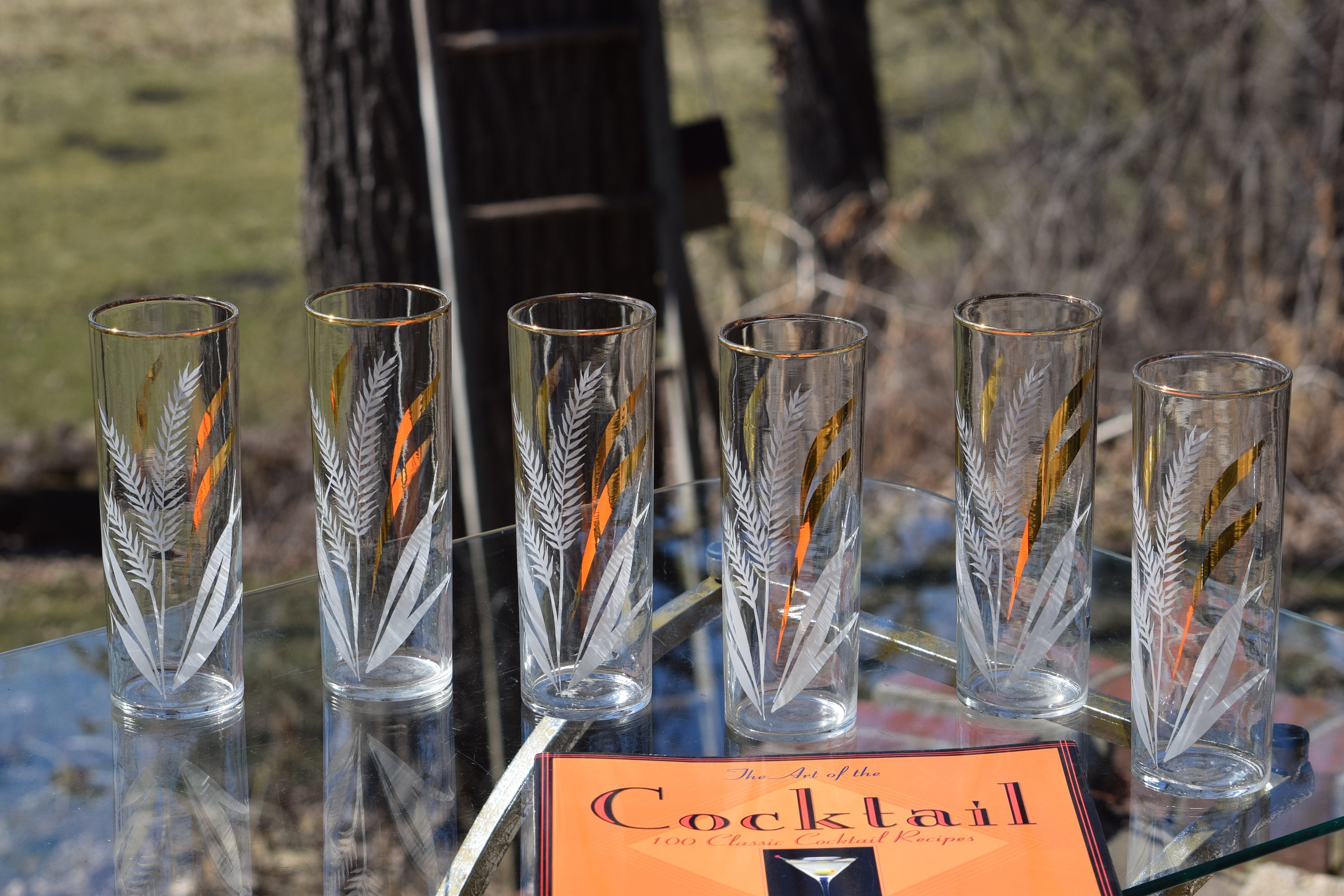 Vintage Gold & White COLLINS Glasses, Set of 6, Vintage Libbey Collins