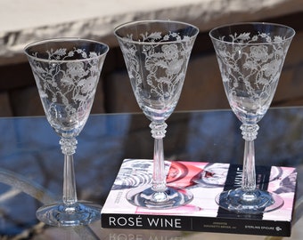 4 verres à vin vintage en cristal gravé ~ gobelets à eau, Fostoria, Shirley, 1938-1956, verres de mariage vintage, verres de dégustation de vin