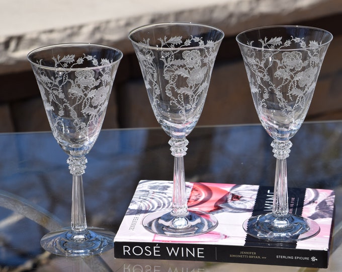4 Vintage Etched CRYSTAL Wine glasses ~ Water Goblets, Fostoria, Shirley, 1938- 1956, Vintage Wedding Toasting Glasses, Wine Tasting Glasses