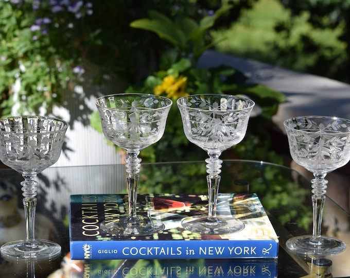 Vintage Etched Crystal Cocktail Glasses, Rock Sharpe, 1950s Martini Nick & Nora Set