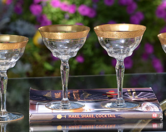 Vintage Gold Encrusted Cocktail Glasses - 1940s Martini Champagne Set