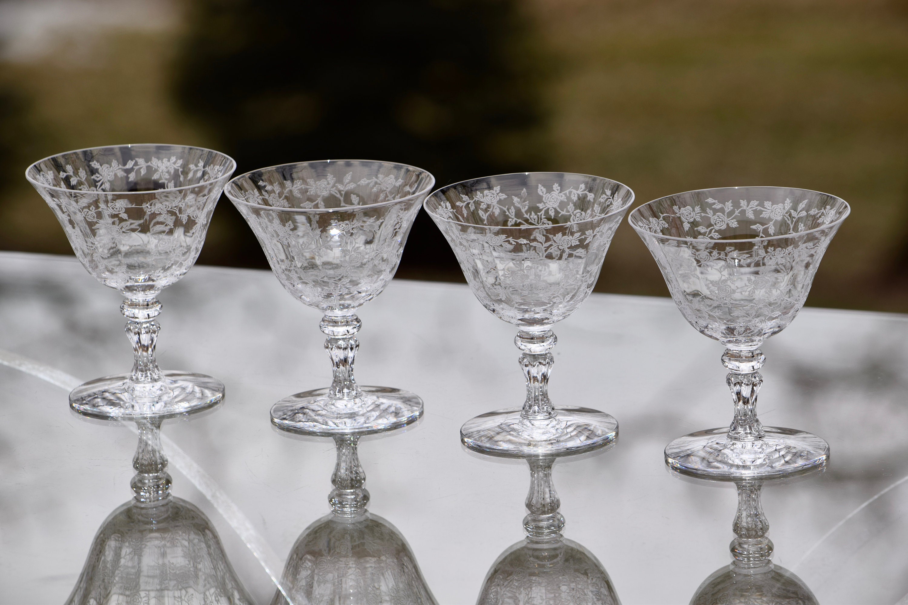 Vintage Etched Cocktail Martini Glasses, Set of 4, Tiffin Franciscan, circa 1950's, Mixologist